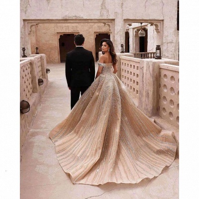 Off-the-Shoulder Kristall A-Linie Brautkleider Kapelle Schleppe_3