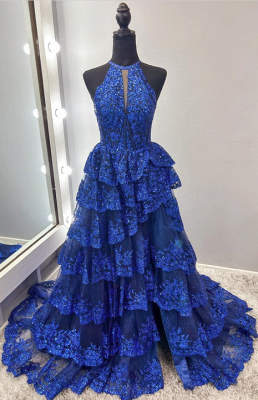 Robe de bal trapèze sexy à paillettes et appliques en dentelle avec fente