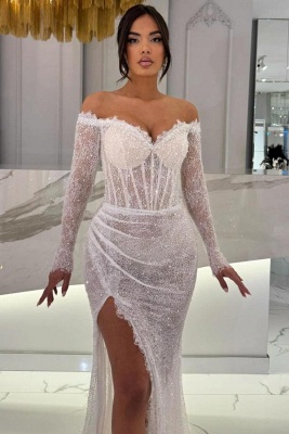 Vestidos de fiesta de sirena con hombros descubiertos, lentejuelas, manga larga y abertura_2