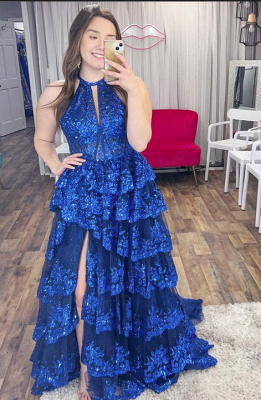 Sexy Halter Lantejoulas Apliques Renda A-Line Vestidos de Baile com Fenda_3