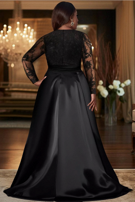 Vestidos de baile com decote em V, apliques de renda, manga comprida, linha A, com fenda_2