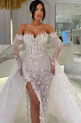 Schulterfreies A-Linien-Ballkleid mit Applikationen und Spitze und Schlitz vorne_2