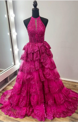 Sexy Halter Lantejoulas Apliques Renda A-Line Vestidos de Baile com Fenda_2