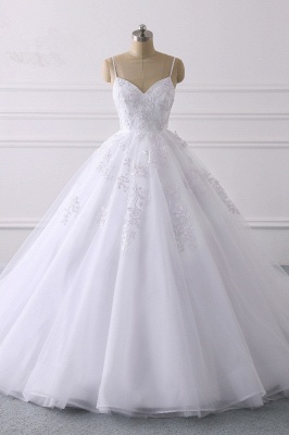 Premium A-Line Spaghetti Strap Floor Length Sleeveless Tulle Wedding Dress with Appliques_1