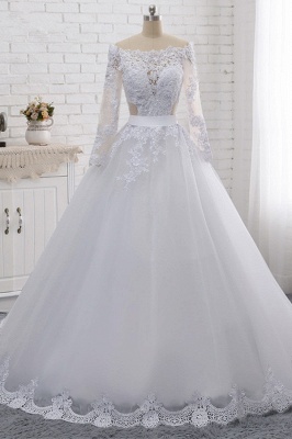 Beautiful Bateau Beading Floor length Long Sleeves A-Line Tulle Lace Wedding Dress with Appliques_1