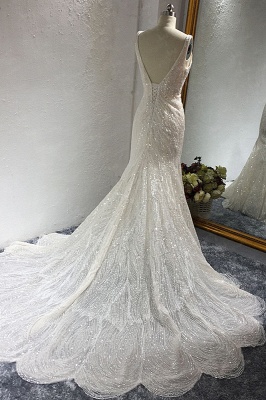 Sparkling A-Line V-neck Mermaid Sequins Floor Length Sleeveless Tulle Wedding Dress_4