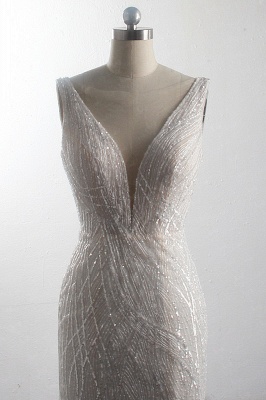 Sparkling A-Line V-neck Mermaid Sequins Floor Length Sleeveless Tulle Wedding Dress_5