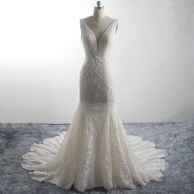Sparkling A-Line V-neck Mermaid Sequins Floor Length Sleeveless Tulle Wedding Dress_6