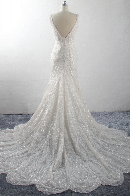 Sparkling A-Line V-neck Mermaid Sequins Floor Length Sleeveless Tulle Wedding Dress_2