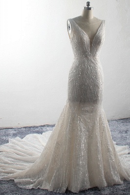 Sparkling A-Line V-neck Mermaid Sequins Floor Length Sleeveless Tulle Wedding Dress_3