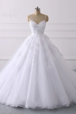 Premium A-Line Spaghetti Strap Floor Length Sleeveless Tulle Wedding Dress with Appliques