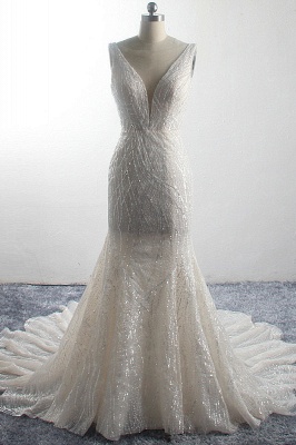 Funkelndes bodenlanges ärmelloses Brautkleid aus Tüll in A-Linie mit V-Ausschnitt und Pailletten im Meerjungfrau-Stil