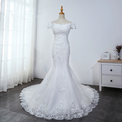 Charming Mermaid Off the Shoulder Floor length Tulle Wedding Dress with Appliques_7