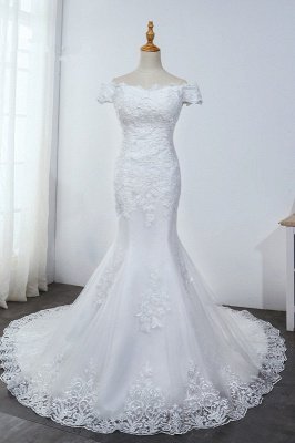 Charming Mermaid Off the Shoulder Floor length Tulle Wedding Dress with Appliques