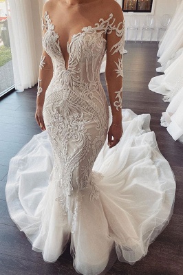 Long sleeves V-neck Lace Mermaid white Wedding Dresses Online_1
