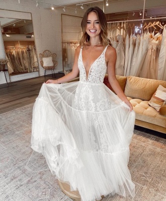 Спагетти Ремни Тюль A-Line Дешевые Свадебные Платья | Плиссированные свадебные платья с глубоким V-образным вырезом_3