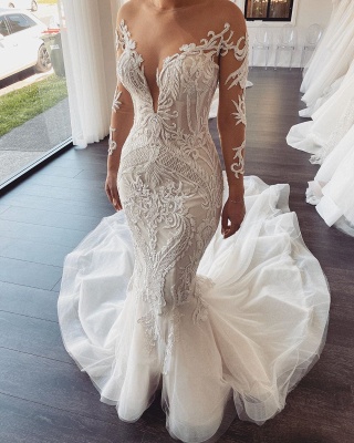 Long sleeves V-neck Lace Mermaid white Wedding Dresses Online_3