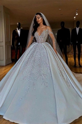 Sparkle Diamond Long sleeves Luxury Ball gown Wedding Dresses_1