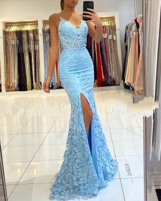Небесно-голубое вечернее платье с высоким разрезом и V-образным вырезом_2