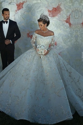 Luxo brilhante cristal apliques vestido de baile vestidos de casamento | Fora do ombro manga comprida vestidos de noiva_1