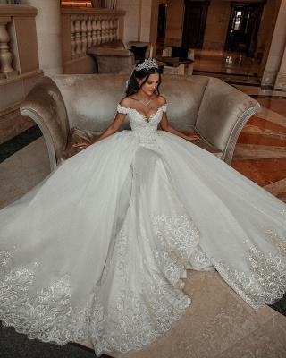 Ivory A-line Princess Off-the-shoulder Lace Wedding Dresses_5