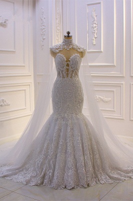 Vestido de novia de sirena de tul de cuello alto con apliques de encaje 3D de lujo_1
