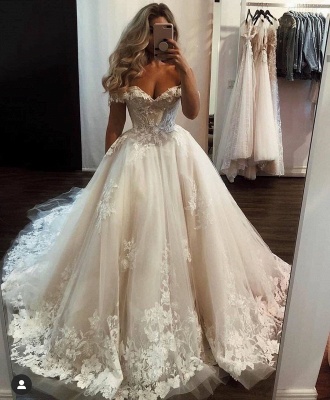 Великолепное тюлевое кружевное свадебное платье с открытыми плечами, свадебное платье принцессы Алин с аппликациями_2
