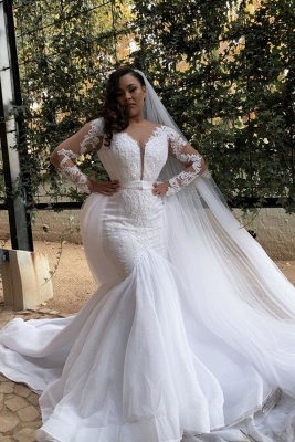 White Long sleeves Plus size Mermaid Belt Wedding Dresses ...