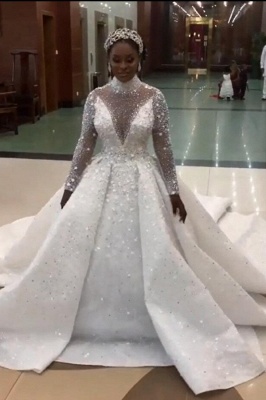 Lindo cristal cintilante vestido de baile vestidos de casamento | Gola alta manga longa vestidos de noiva_1