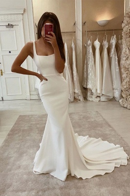 Sexy Spaghetti Strap White Satin Long Wedding Dresses_1