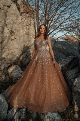 Элегантные блестящие бисером милая платья для выпускного вечера темного цвета шампанского_1