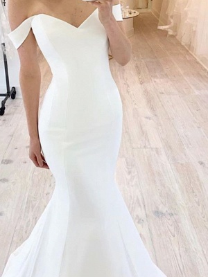 Белые длинные свадебные платья с открытыми плечами и русалкой_2