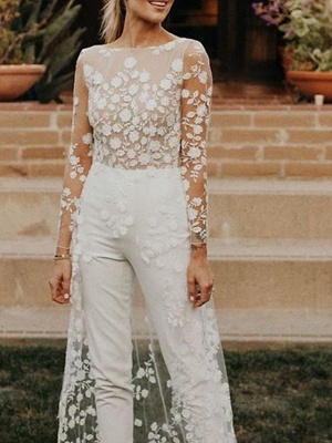 Jumpsuits A-Line Wedding Dresses Jewel Neck Sweep \ Brush Train Lace Satin Long Sleeve Sexy See-Through Modern_3