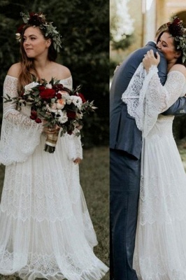 Long sleeves Boho Beach Garden Tulle White Loose Wedding Dress_1