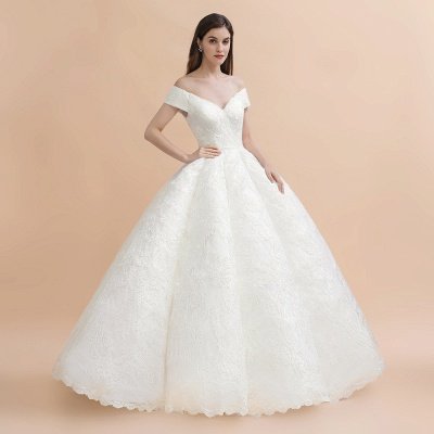 Vestido de noiva elegante com aplicação de renda branca fora do ombro_7