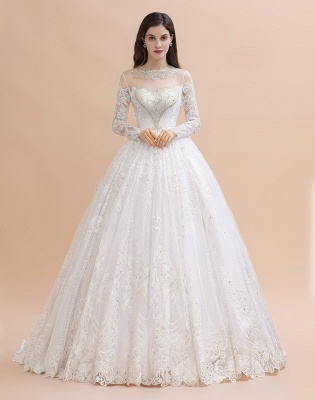Гламурное свадебное платье с длинными рукавами и бусинами из белого / цвета слоновой кости с кружевными аппликациями_4