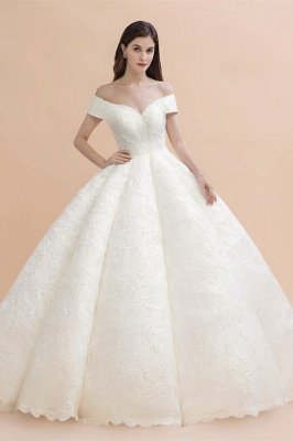 Vestido de noiva elegante com aplicação de renda branca fora do ombro_1