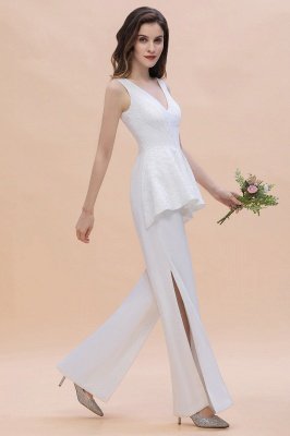 Weißer Jumpsuit mit V-Ausschnitt Hochzeit mit Seitenschlitz_5