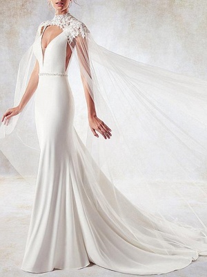 Свадебные платья с V-образным вырезом и короткими рукавами Белая русалка со шлейфом