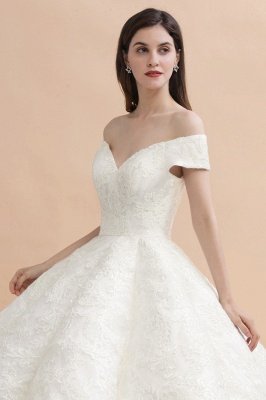 Vestido de noiva elegante com aplicação de renda branca fora do ombro_9