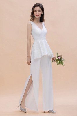 Weißer Jumpsuit mit V-Ausschnitt Hochzeit mit Seitenschlitz_1
