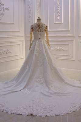Elegant Jewel Long Sleeves Tulle Lace Sparkle Ivory Wedding Dress_2