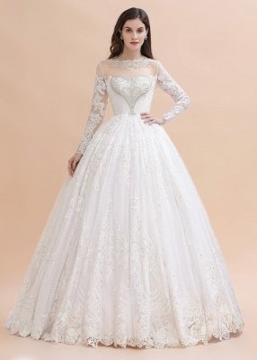 Гламурное свадебное платье с длинными рукавами и бусинами из белого / цвета слоновой кости с кружевными аппликациями_3