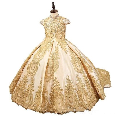 Vestido de baile dourado Vestidos de princesa florista com miçangas Vestidos de concurso para meninas_1