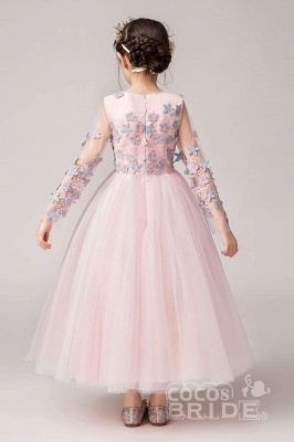 Pink Tulle Kids Birthday Party Dress Long Sleeves with Floral Pattern Pegant Dress for Girls_6