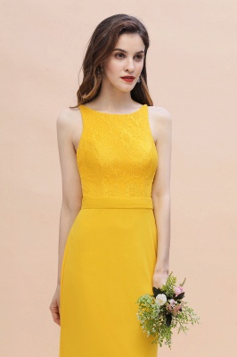 Ярко-желтое платье для подружки невесты с жемчужным вырезом и длинным свадебным платьем без рукавов_9