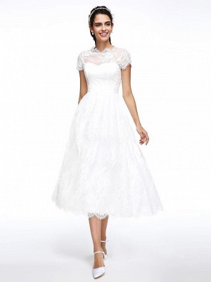 A-Line Wedding Dresses Jewel Neck Tea Length Lace Short Sleeve Simple Casual Illusion  Backless_2