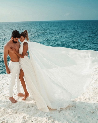 Белое шифоновое пляжное свадебное платье с лямкой на шее, длинное простое свадебное платье с разрезом_3
