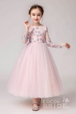 Pink Tulle Kids Birthday Party Dress Long Sleeves with Floral Pattern Pegant Dress for Girls_5