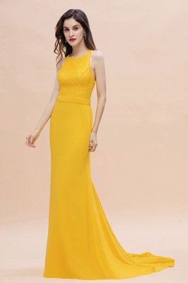 Ярко-желтое платье для подружки невесты с жемчужным вырезом и длинным свадебным платьем без рукавов_6